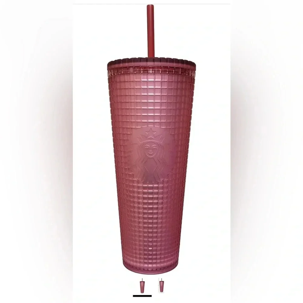 New Starbucks Dusty Rose Pink Berry Shimmer Grid Cold Cup Tumbler 24 oz Venti - Picture 1 of 5